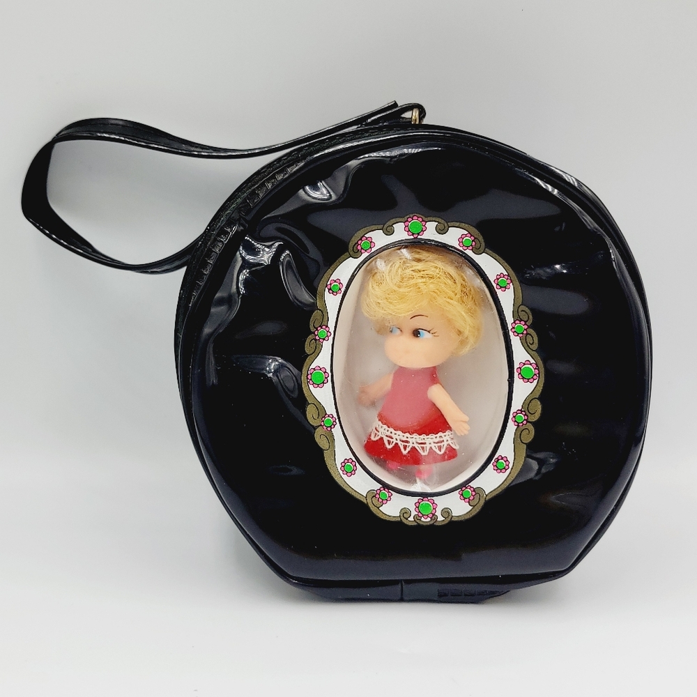 Vintage LIDDLE KIDDLE Miss Ellen Doll In Black Vinyl Purse Hand Bag HONG KONG